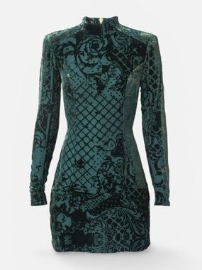 Balmain x H&M Velvet Burnout Mini Dress Green Long Sleeve Womens Size 10